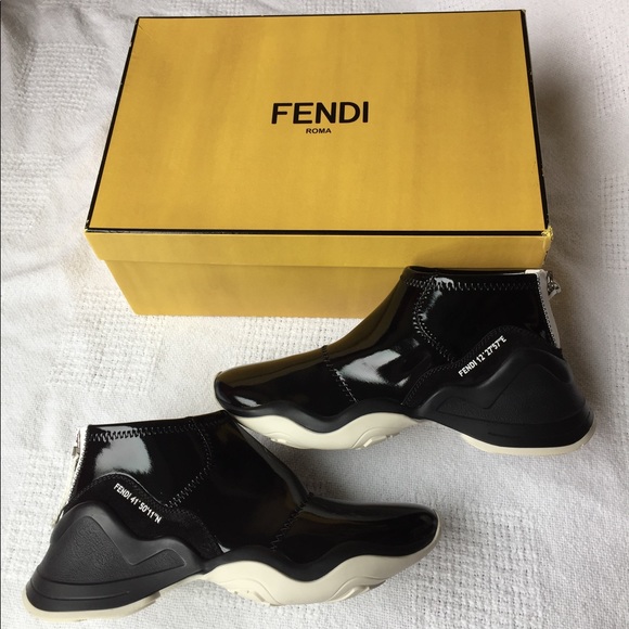 Fendi Ffluid Mid Top Glossy Sneakers Black Womens 9 US 39 EU New In Box Auth - Picture 2 of 13